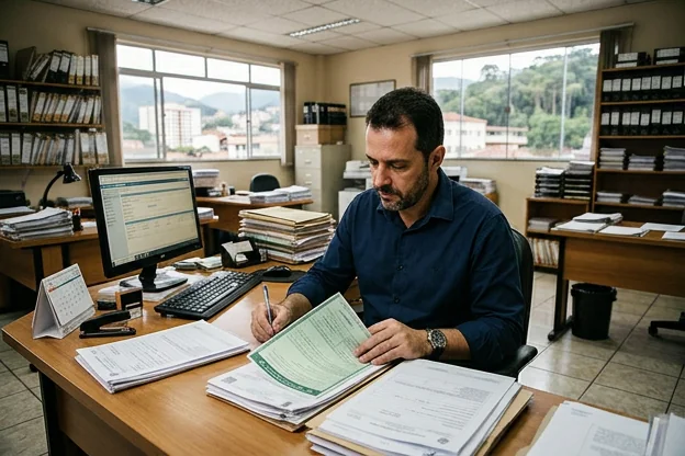 Despachante revisando documentação de licenciamento de veículo em Teresópolis.